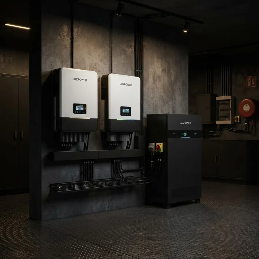 Three-phase inverter bank in a commercial plant room