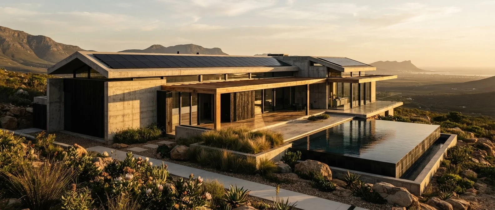 Solar-roofed residence with an infinity pool overlooking the mountains at golden hour